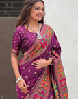 Wine Pashmina Silk Saree with heavy Meenakari and Zari Woven