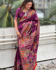 Wine Pashmina Silk Saree with heavy Meenakari and Zari Woven