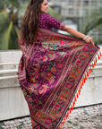 Wine Pashmina Silk Saree with heavy Meenakari and Zari Woven