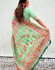 Pista Green Pashmina Silk Saree with heavy Meenakari and Zari Woven