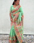 Pista Green Pashmina Silk Saree with heavy Meenakari and Zari Woven