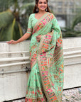 Pista Green Pashmina Silk Saree with heavy Meenakari and Zari Woven
