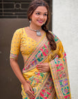 Yellow Pashmina Silk Saree with heavy Meenakari and Zari Woven