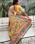 Yellow Pashmina Silk Saree with heavy Meenakari and Zari Woven