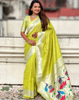 Green Paithani Silk Zari Woven Saree with Lotus Peacock Pallu