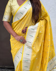 Yellow Paithani Silk Zari Woven Saree with Lotus Peacock Pallu