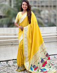 Yellow Paithani Silk Zari Woven Saree with Lotus Peacock Pallu