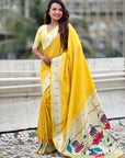Yellow Paithani Silk Zari Woven Saree with Lotus Peacock Pallu