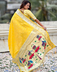 Yellow Paithani Silk Zari Woven Saree with Lotus Peacock Pallu