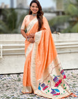 Peach Paithani Silk Zari Woven Saree with Lotus Peacock Pallu
