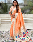 Peach Paithani Silk Zari Woven Saree with Lotus Peacock Pallu