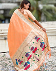 Peach Paithani Silk Zari Woven Saree with Lotus Peacock Pallu