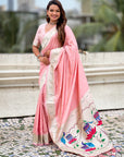 Baby Pink Paithani Silk Zari Woven Saree with Lotus Peacock Pallu