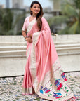 Baby Pink Paithani Silk Zari Woven Saree with Lotus Peacock Pallu