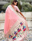 Baby Pink Paithani Silk Zari Woven Saree with Lotus Peacock Pallu