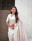 Pearl White Paithani Silk Zari Woven Saree with Lotus Peacock Pallu