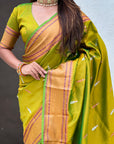 Mehendi Green Dual Zari Woven Paithani Silk Saree with Meenakari Pallu
