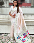 Pearl White Paithani Silk Zari Woven Saree with Lotus Peacock Pallu