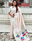 Pearl White Paithani Silk Zari Woven Saree with Lotus Peacock Pallu