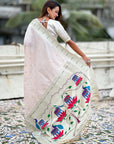 Pearl White Paithani Silk Zari Woven Saree with Lotus Peacock Pallu