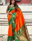 Orange Soft Silk with Zari Woven Tilak Contrast South Saree