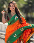 Orange Soft Silk with Zari Woven Tilak Contrast South Saree