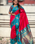Pink Soft Silk with Zari Woven Tilak Contrast South Saree