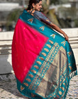 Pink Soft Silk with Zari Woven Tilak Contrast South Saree