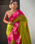 Mehendi Green Soft Silk with Zari Woven Tilak Contrast South Saree