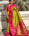 Mehendi Green Soft Silk with Zari Woven Tilak Contrast South Saree