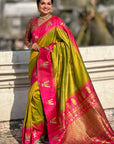 Mehendi Green Soft Silk with Zari Woven Tilak Contrast South Saree
