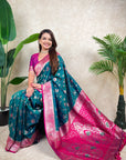 Peacock Blue Banarasi Silk Zari Woven Floral Jaal with Butterfly Saree