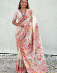White Pashmina Silk Saree with heavy Meenakari and Zari Woven