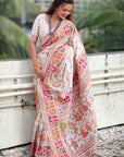 White Pashmina Silk Saree with heavy Meenakari and Zari Woven