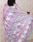 Cream Tussar Silk Madhubani Fusion Floral Printed Saree with Zari Woven Border