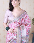 Cream Tussar Silk Madhubani Fusion Floral Printed Saree with Zari Woven Border