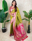 Mehendi Green Banarasi Silk Zari Woven Floral Jaal with Butterfly Saree