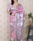 Cream Tussar Silk Madhubani Fusion Floral Printed Saree with Zari Woven Border