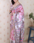 Cream Tussar Silk Madhubani Fusion Floral Printed Saree with Zari Woven Border
