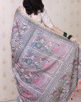 Dusty Blue Tussar Silk Madhubani Printed Saree with Zari Woven Border