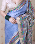 Dusty Blue Tussar Silk Madhubani Printed Saree with Zari Woven Border