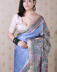Dusty Blue Tussar Silk Madhubani Printed Saree with Zari Woven Border
