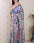 Dusty Blue Tussar Silk Madhubani Printed Saree with Zari Woven Border