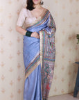 Dusty Blue Tussar Silk Madhubani Printed Saree with Zari Woven Border