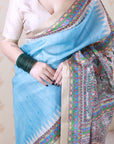 Light Blue Tussar Silk Madhubani Printed Saree with Zari Woven Border