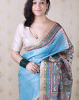 Light Blue Tussar Silk Madhubani Printed Saree with Zari Woven Border