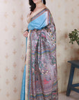 Light Blue Tussar Silk Madhubani Printed Saree with Zari Woven Border