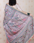 Dusty Peach Tussar Silk Madhubani Printed Saree with Zari Woven Border