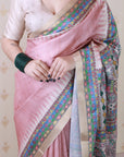 Dusty Peach Tussar Silk Madhubani Printed Saree with Zari Woven Border