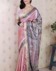 Dusty Peach Tussar Silk Madhubani Printed Saree with Zari Woven Border